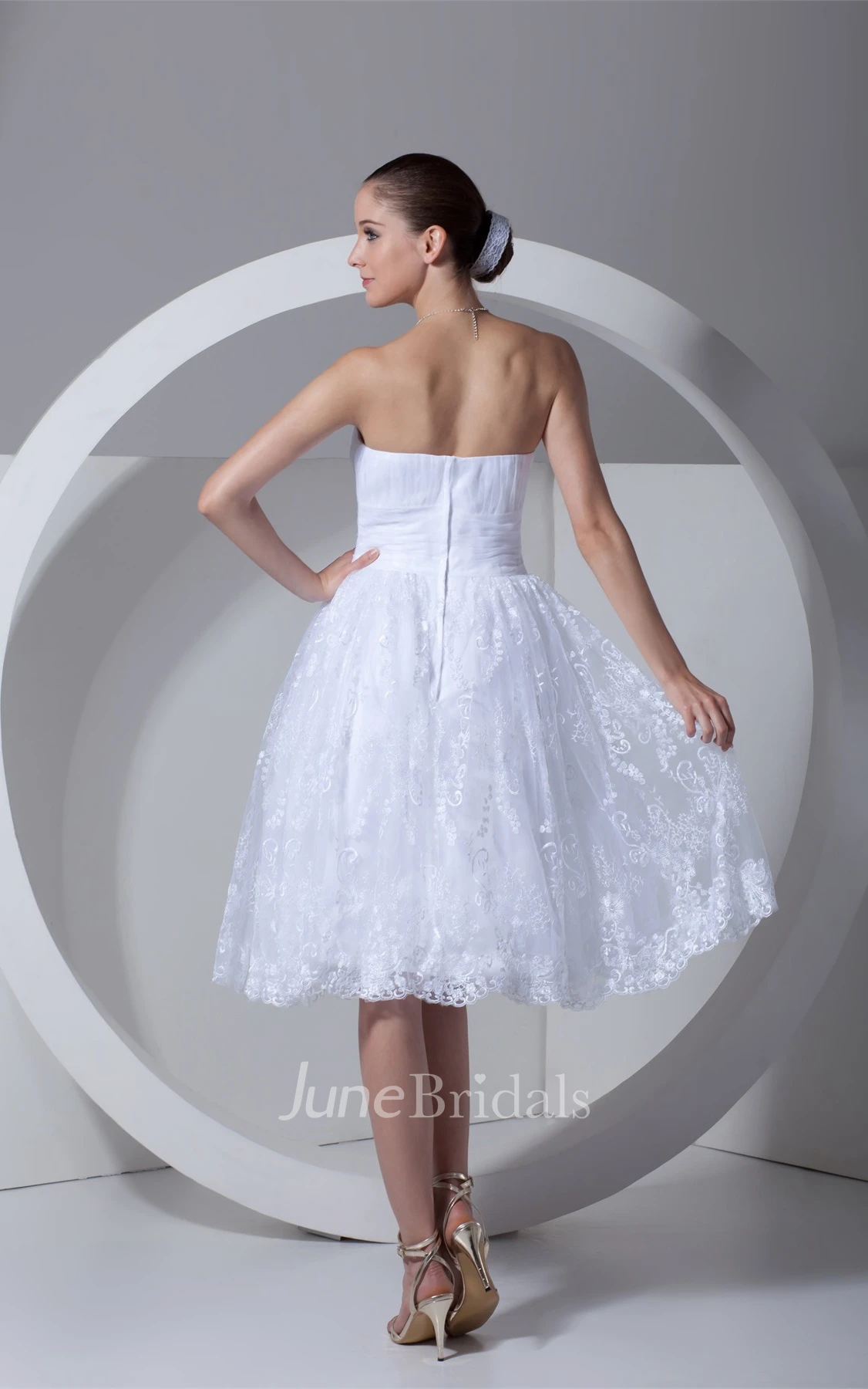 strapless a-line tea-length lace dress with ruching