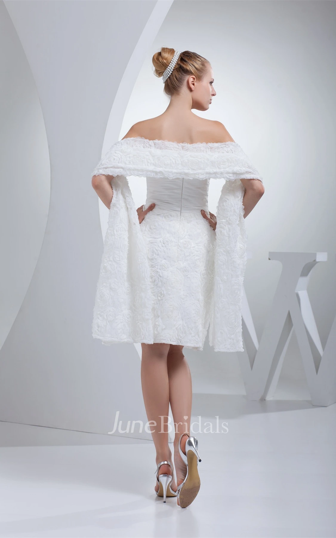 Strapless Knee-Length Appliqued Dress with Ruching and Wrap