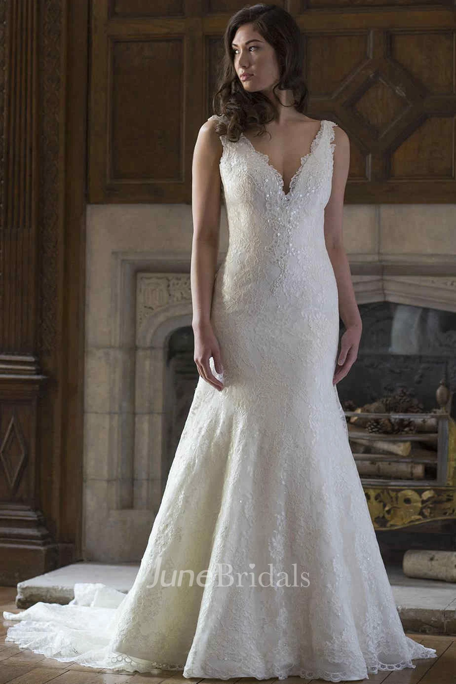 Sequined V-Neck Lace Long Spring Wedding Dress Sleeveless Bridal Gown