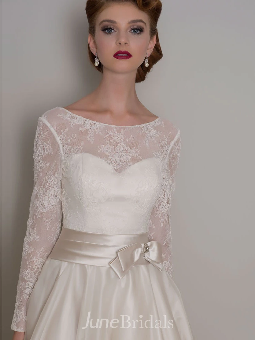 A-Line Lace Long-Sleeve Floor-Length Scoop-Neck Satin&Tulle Wedding Dress With Bow