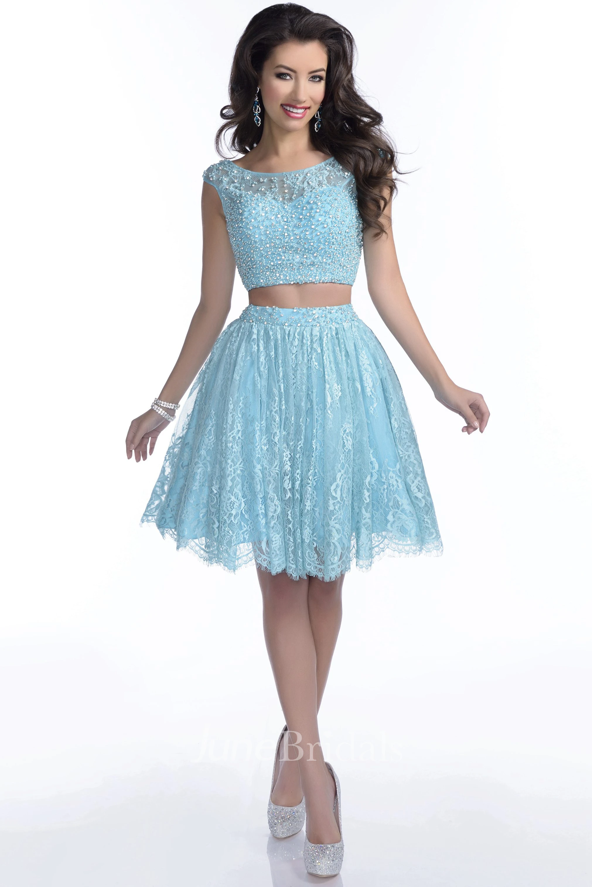 Crop Top Lace Skirt A-Line Prom Dress With Bateau Neck And Beadwork