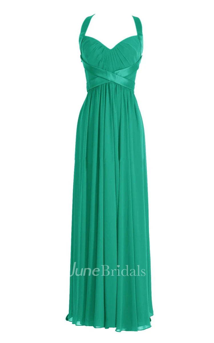 Halter Pleated Chiffon A-line Gown With Deep-v Back
