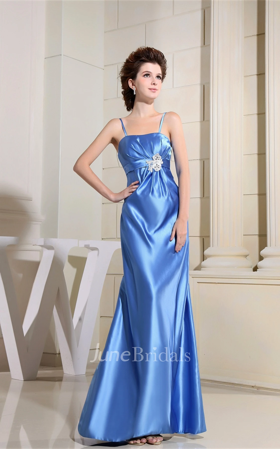 Sleeveless Spaghetti-Straps Satin Sheath Gown with Beaded Sash and Zipper Back