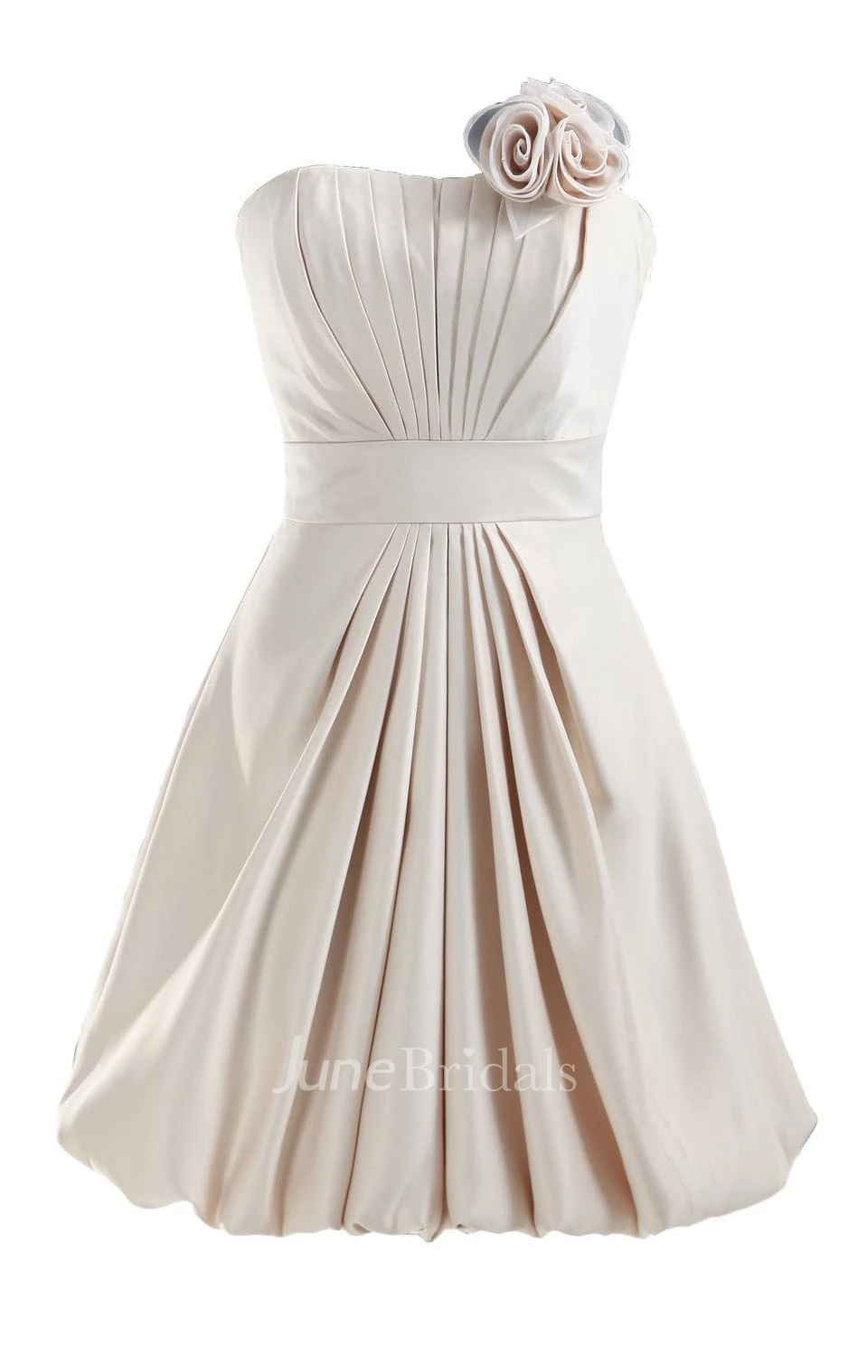 Strapless Appliqued Ruched Bodice Short Pleated Satin Dress