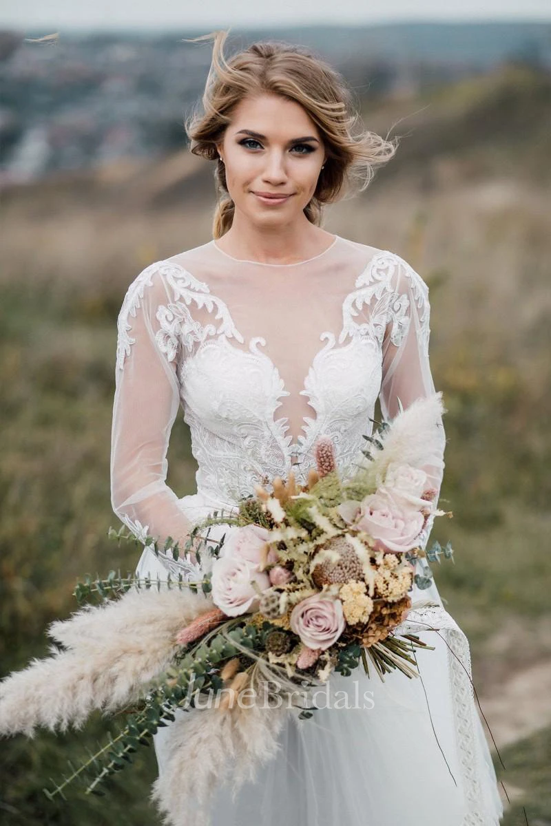 Glamorous Bohemian Illusion Sleeves Lace Two Piece Court Train Wedding Dress