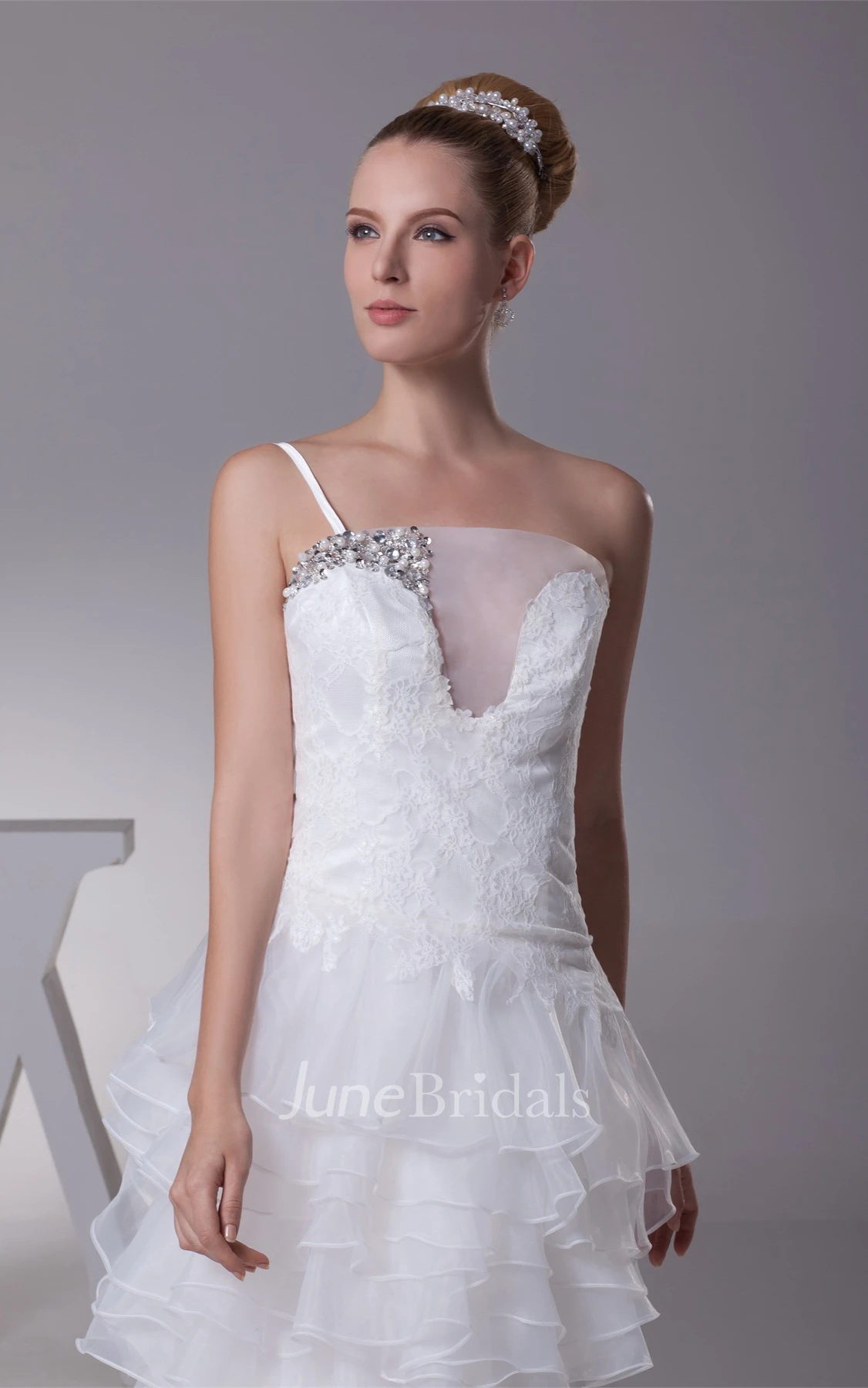 Single-Strap Tiered Floor-Length Dress with Beading and Appliques