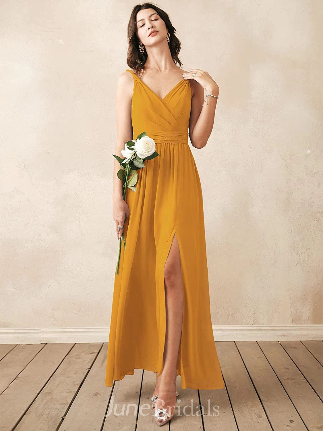 Modern A Line V-neck Chiffon Sleeveless Bridesmaid Dress with Split
