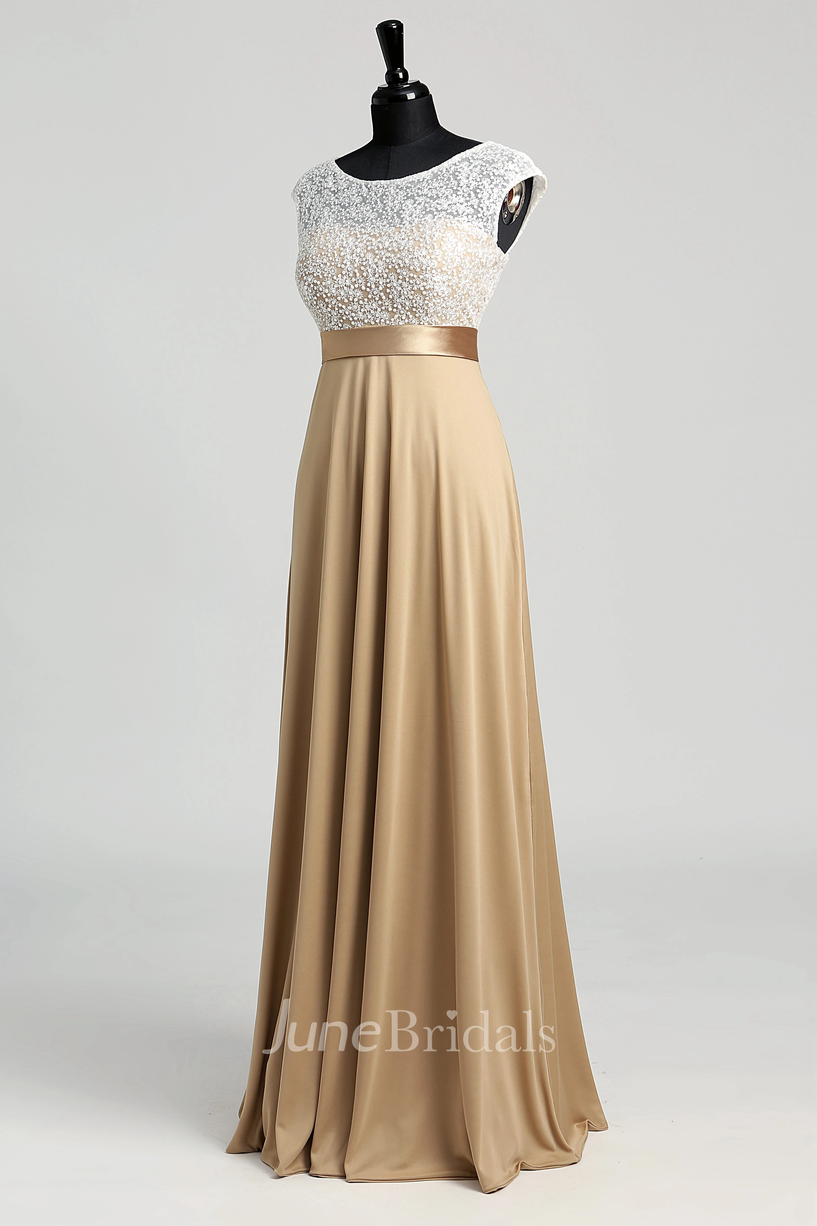 Floor-length A-line Bateau Cap Short Sleeve Illusion Jersey Lace Dress