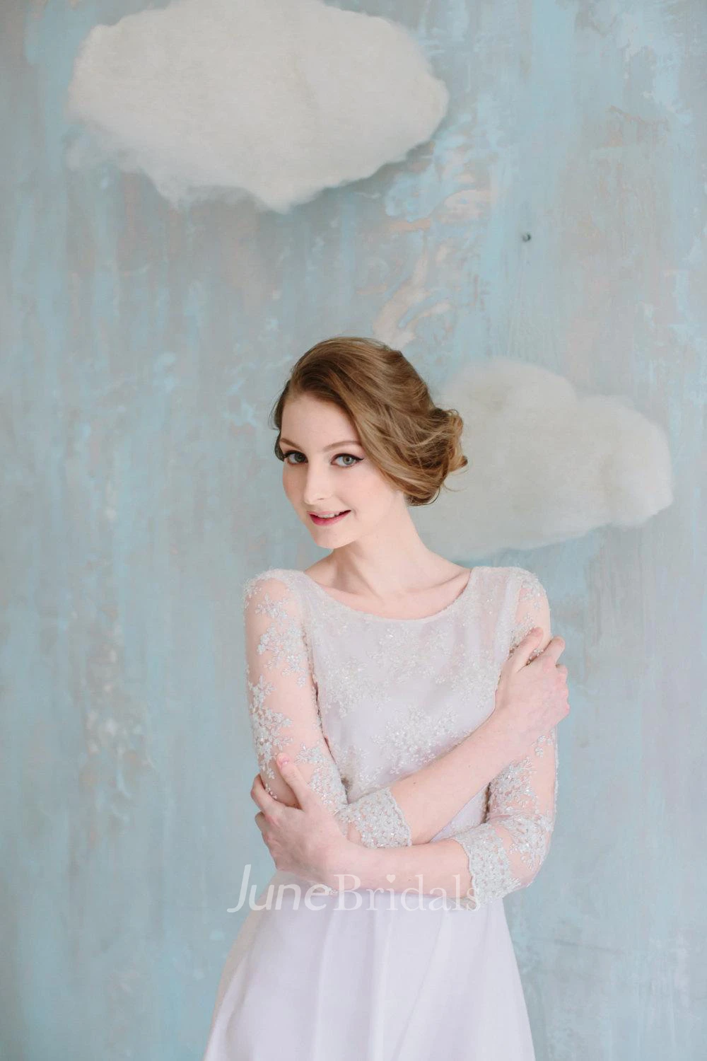 Jewel Neck 3 4 Sleeve Long Chiffon Dress With Lace Bodice and Sash