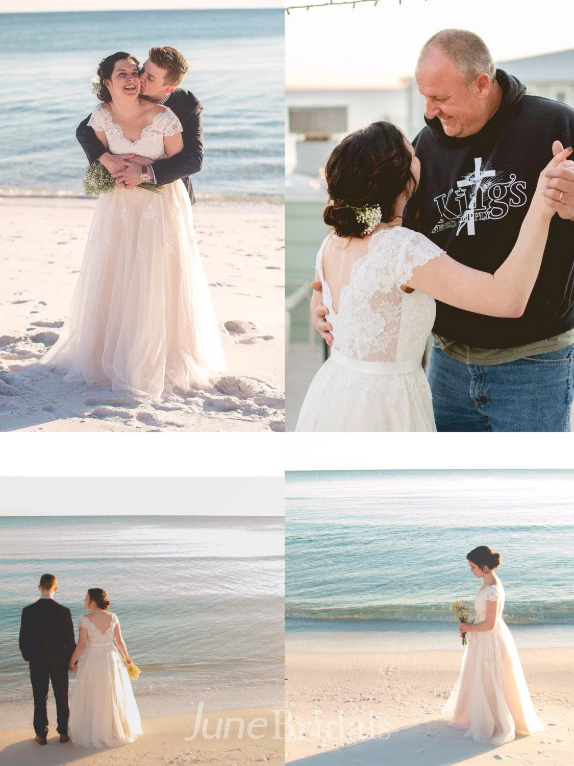 Cap Sleeve V-Neck Lace Wedding Dress With Tulle Skirt and V-Back