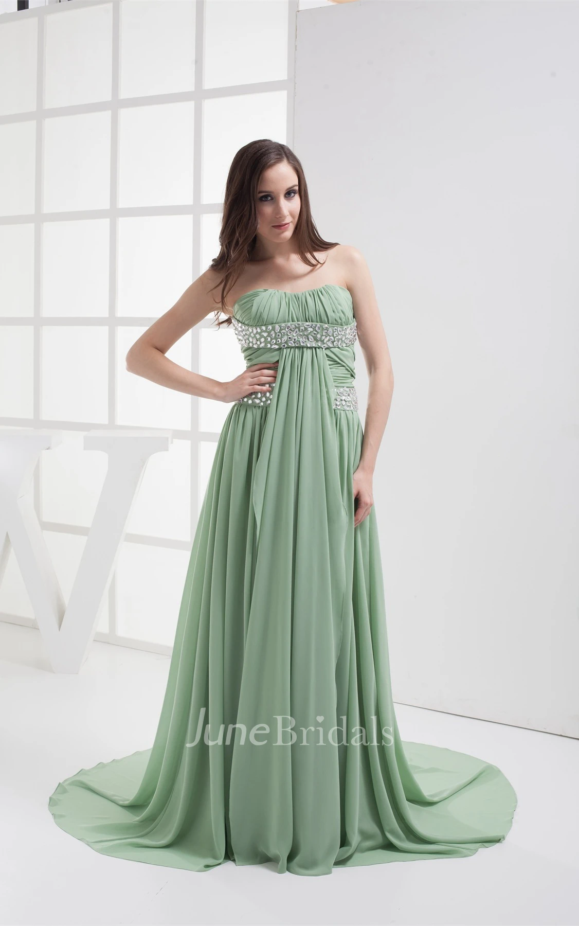 Chiffon Strapless Pleated Maxi Dress with Ruching and Rhinestone