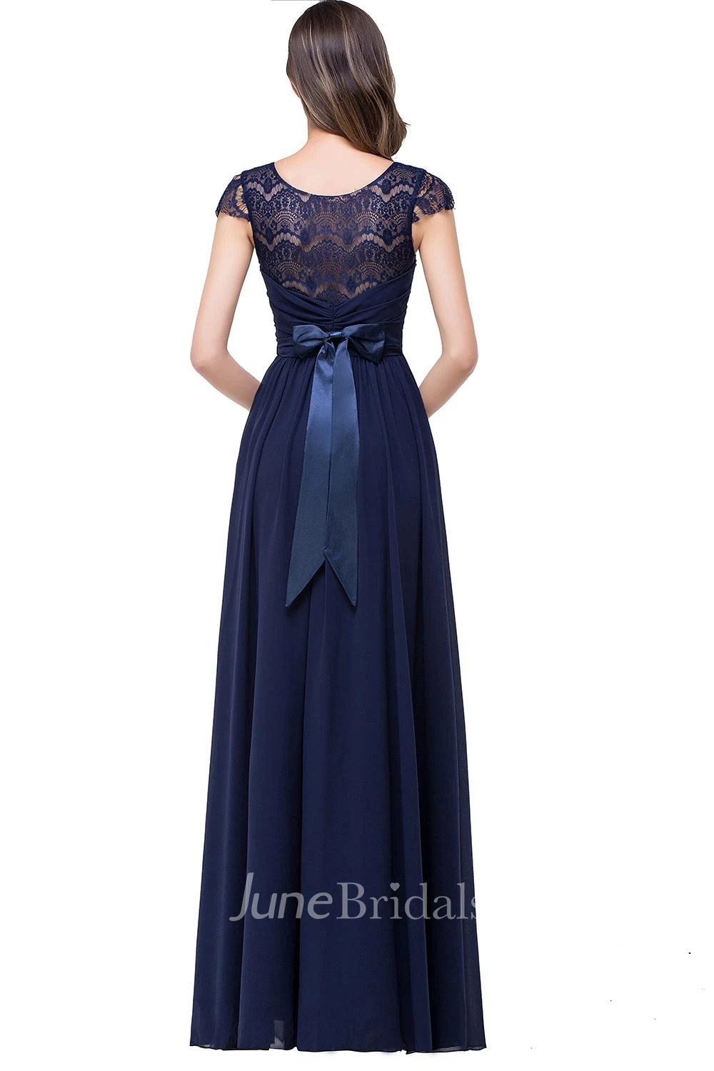 Elegant Chiffon Lace A-line Prom Dress Bowknot Cap Sleeve