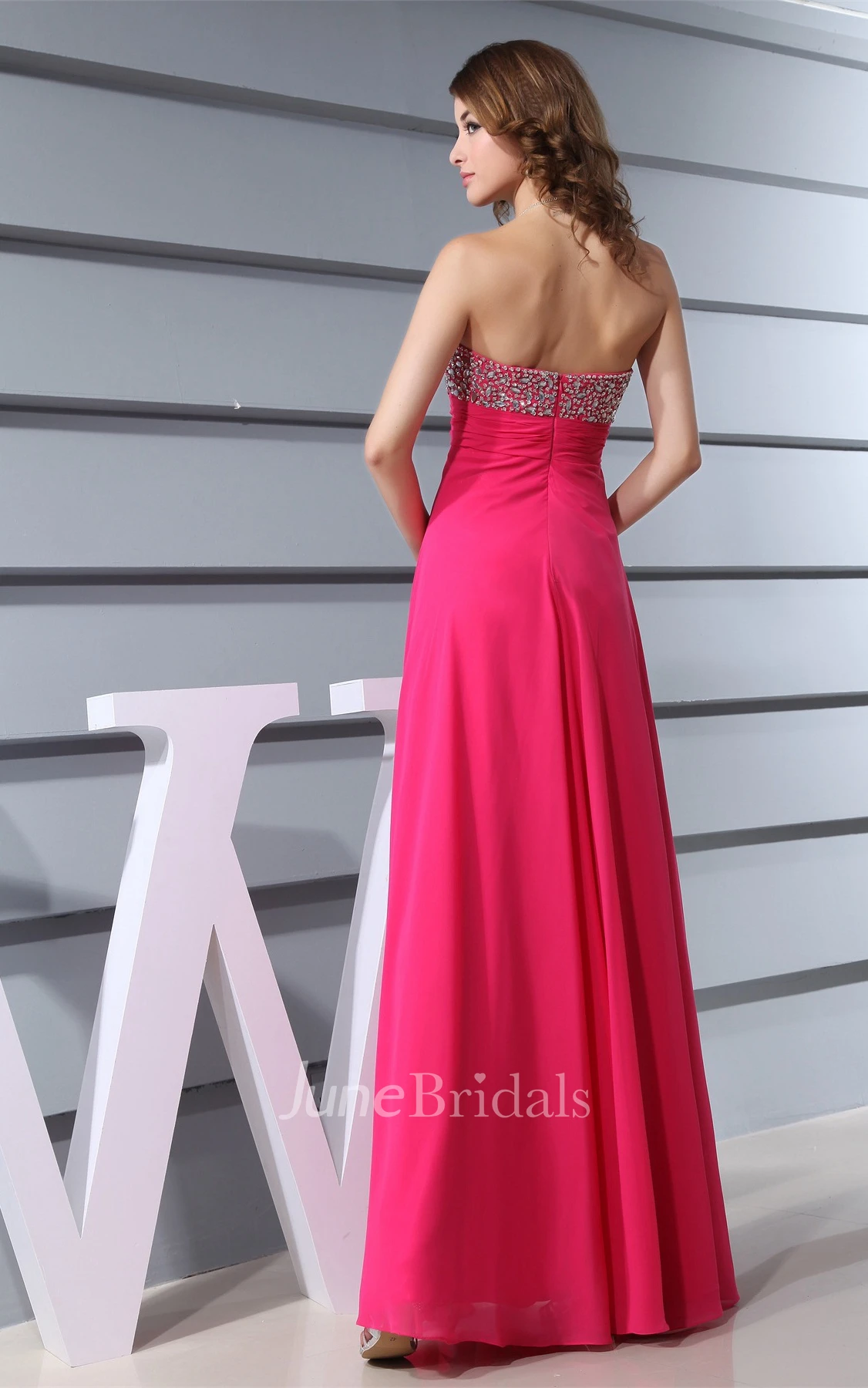 Strapless Pleated Chiffon Long Dress with Jeweled Top