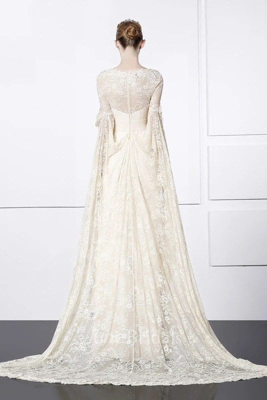 Square Sheath Lace Chiffon Unique Gown With Bat Sleeve And Train