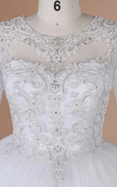 Ball Gown Long Sleeve Tulle Satin Dress With Beading Keyhole Back