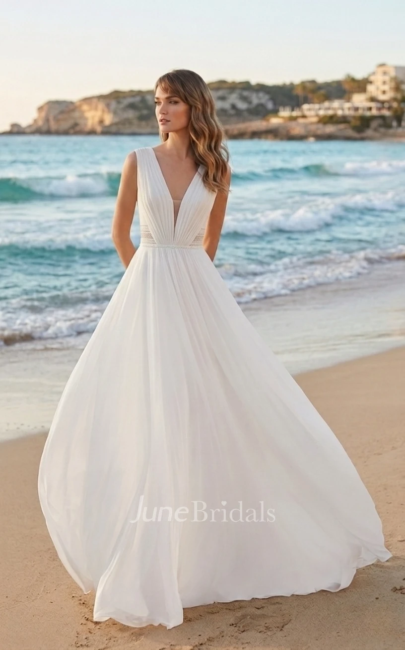 Solid Chic Chiffon Lace A-Line Plunging Neckline Spring Wedding Dress Simple Elegant Ethereal Floor-length Backless Sleeveless Bridal Gown with Train