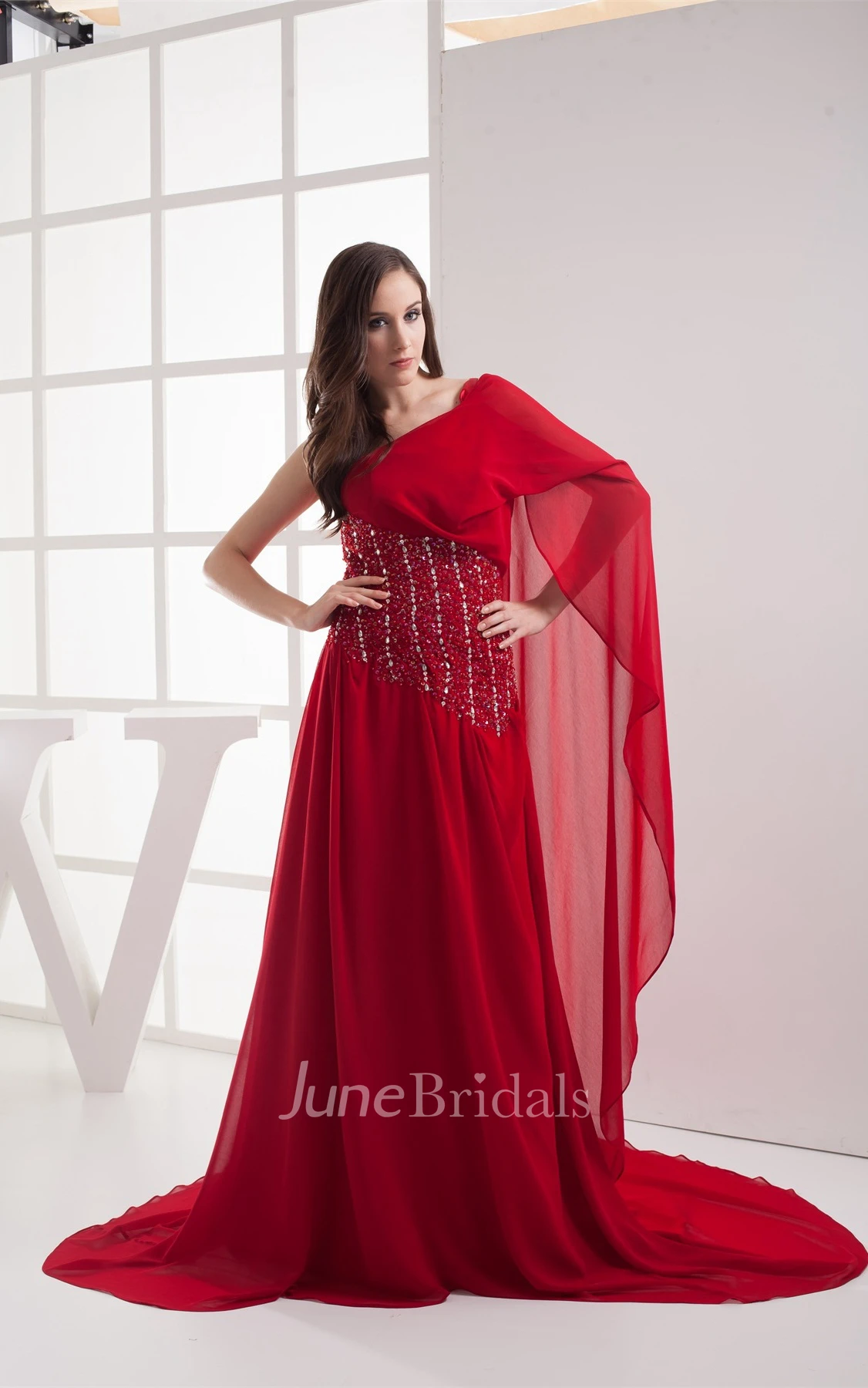 Flay Asymmetrical Chiffon Maxi Dress with Pleats and Gemmed Waist