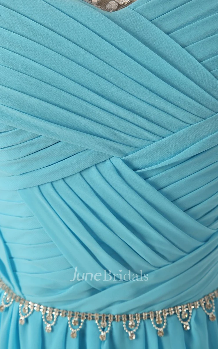 Bateau Neck Ruched Chiffon A-line Gown With Rhinestones