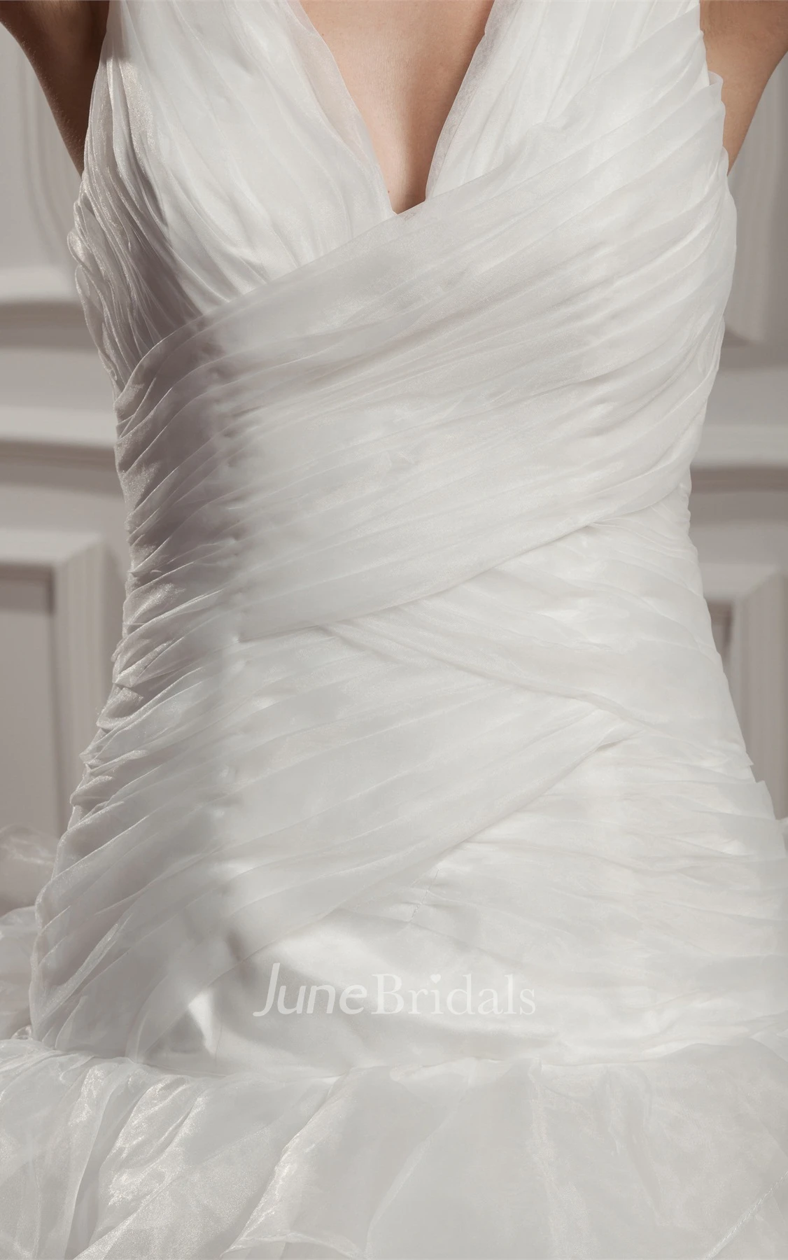 Plunged Sleeveless Ruffled Gown with Tiers and Court Train