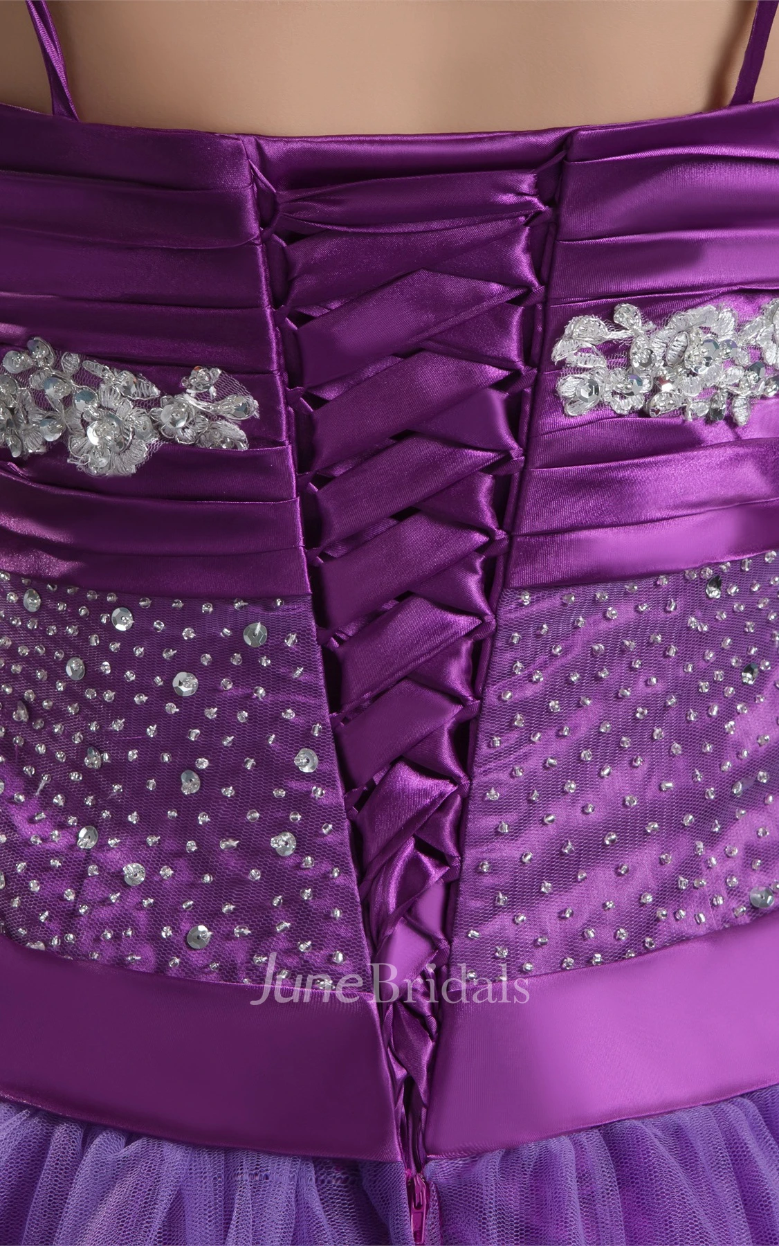 Spaghetti-Strap Beaded A-Line Gown with Pleats and Bow