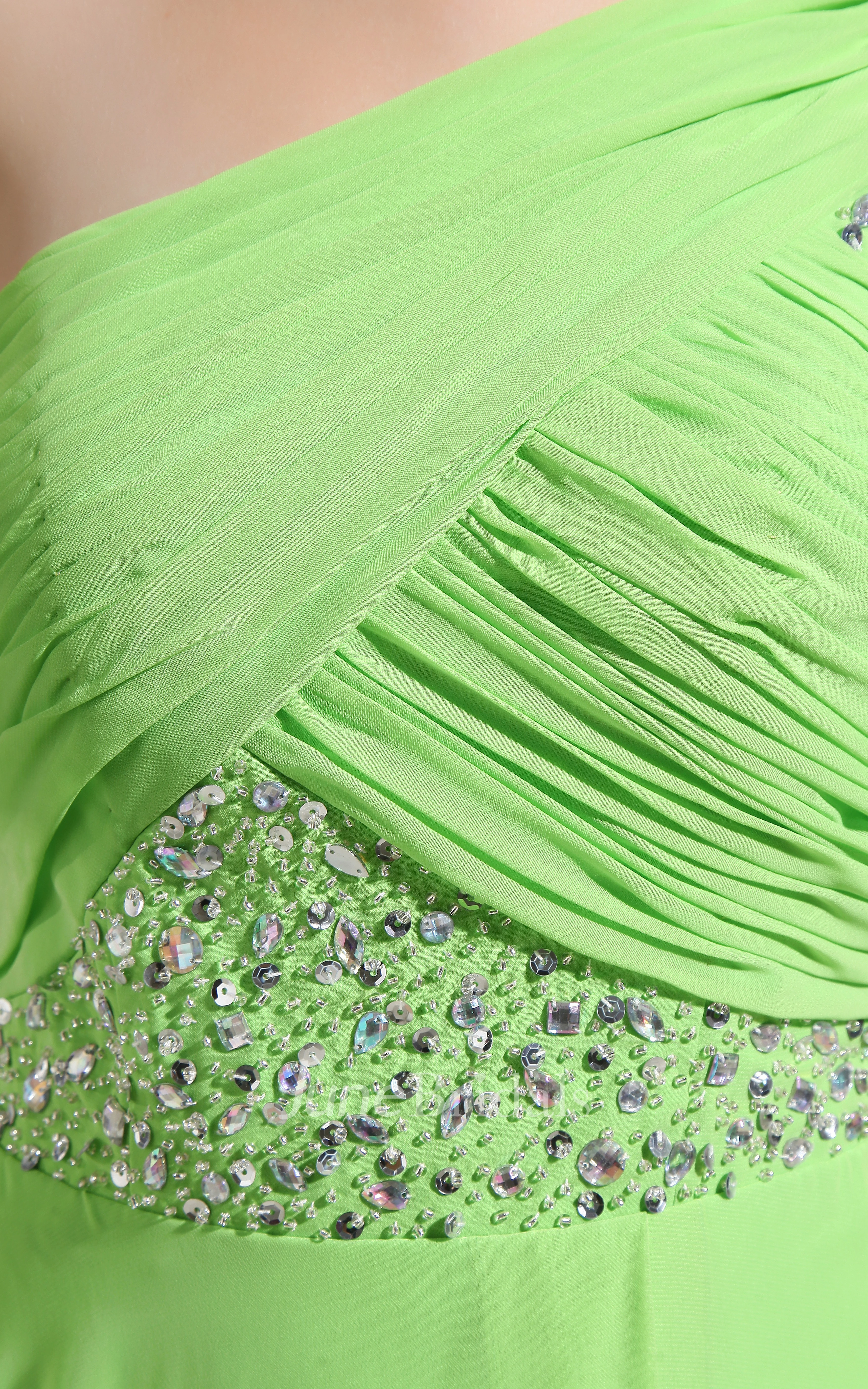 Asymmetrical Chiffon Beaded Dress With Side Slit and Single Strap