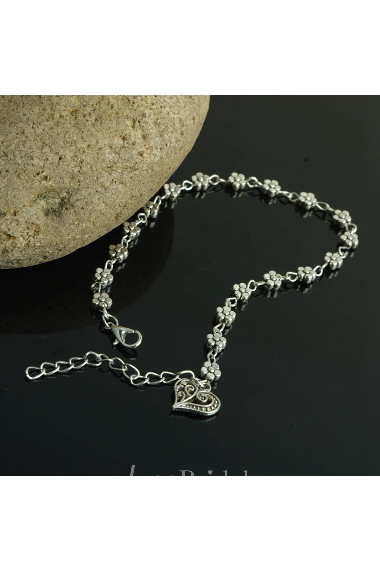 Retro Silver Heart-Shaped Anklet Jewelry 27Cm