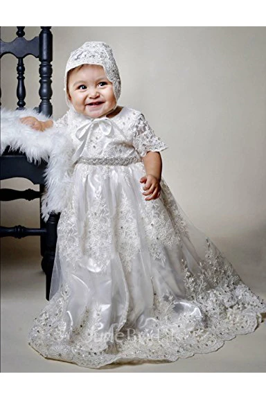 Charming Christening Dress With Lace Appliques And Beaded Belt