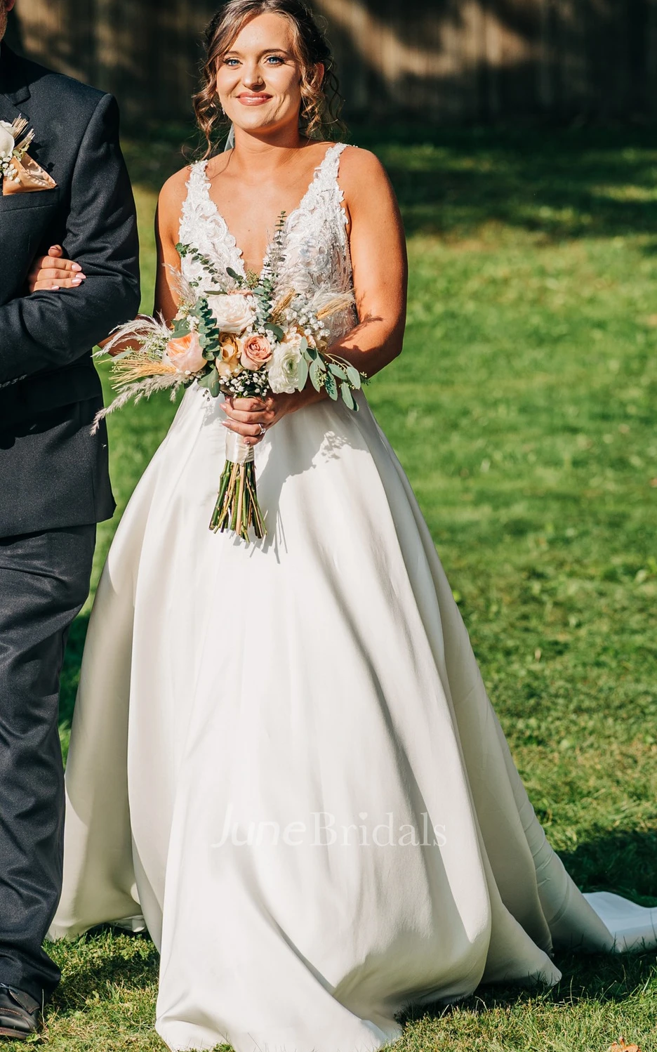 Romantic Satin V-neck A-Line Spring Wedding Dress With Low-V Back And Appliques