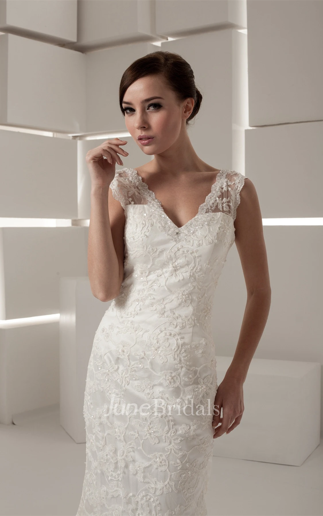 Caped-Sleeve V-Neck Mermaid Dress with Lace and Beading