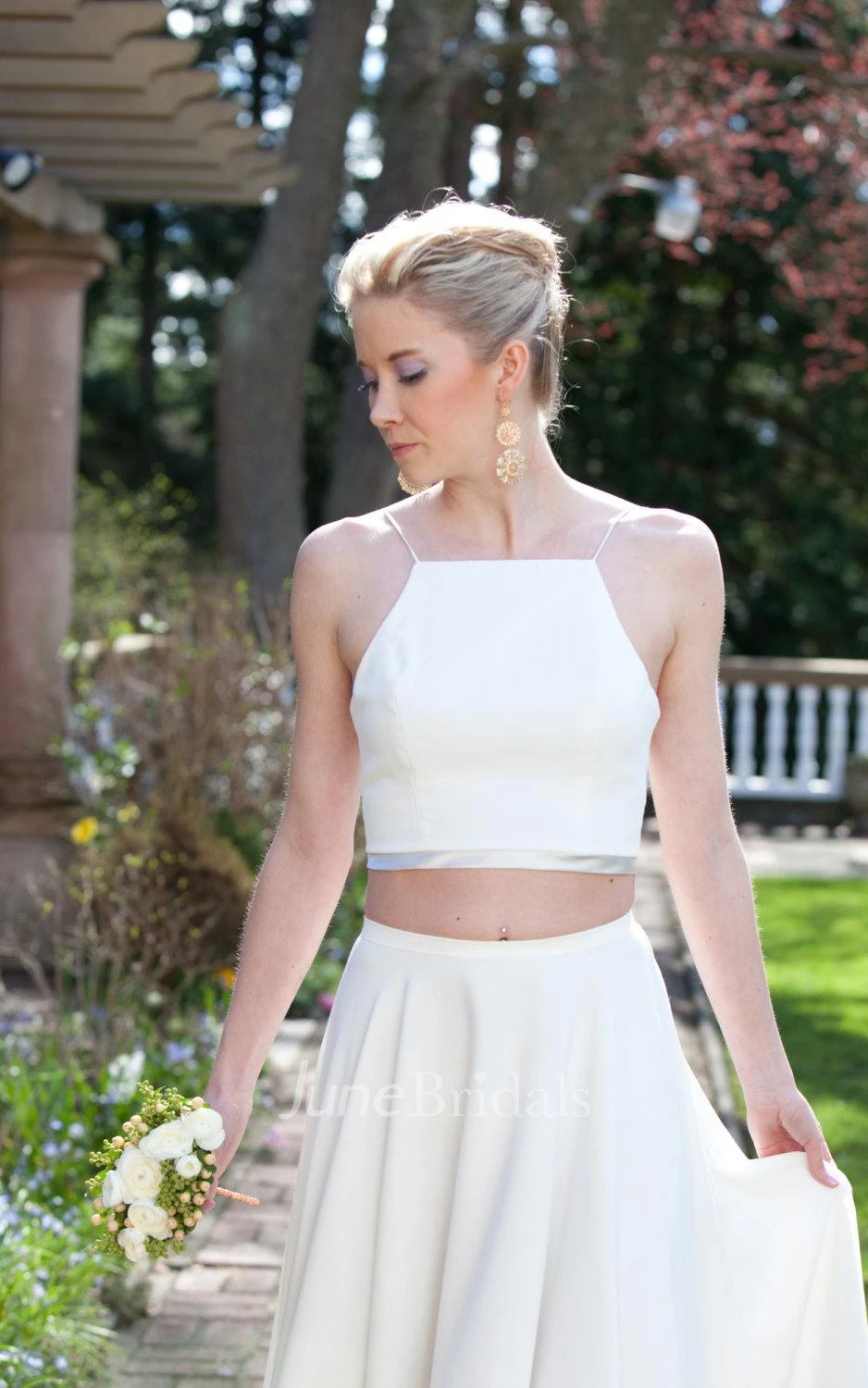 Two Piece High-Low Chiffon Wedding Dress With Crop Top