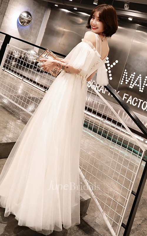 Elegant Tulle Off-the-shoulder A Line Prom Formal Dress With Appliques