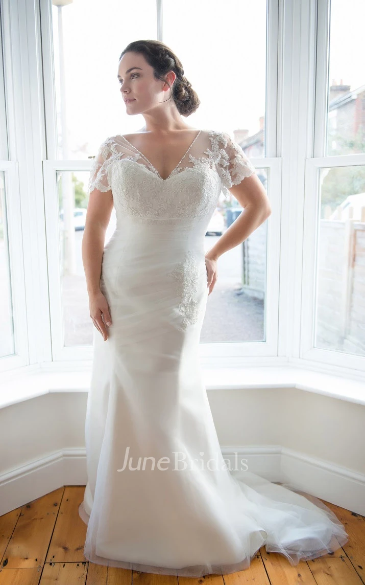 Sheath Long V-Neck Short Sleeve Tulle Brush Train Ruching Dress