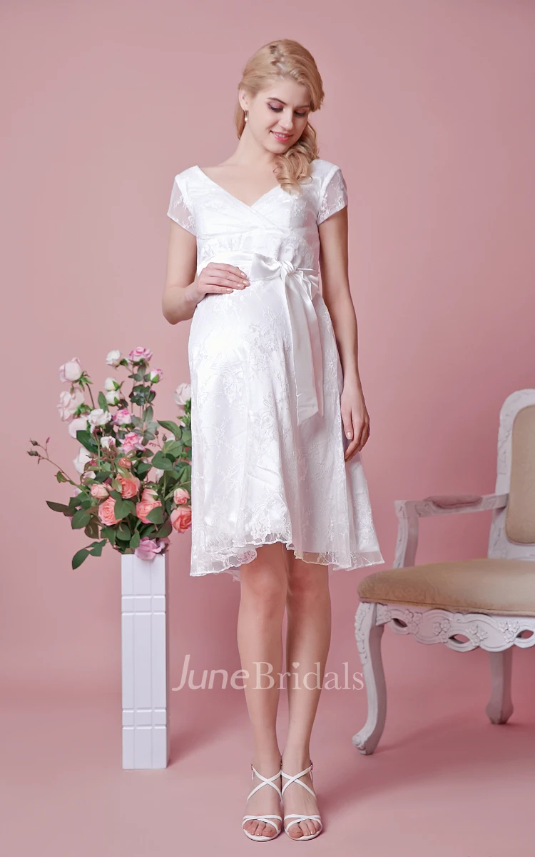 V-neck A-line Knee Length Lace Maternity Wedding Dress With Belt - June  Bridals