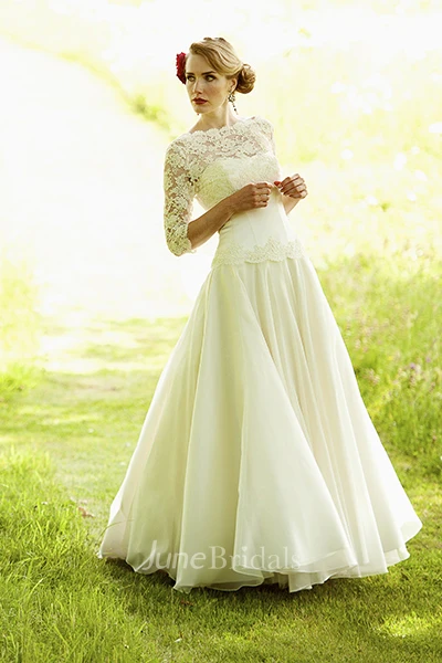 Bateau Floor-Length Lace 3-4-Sleeve Chiffon Wedding Dress