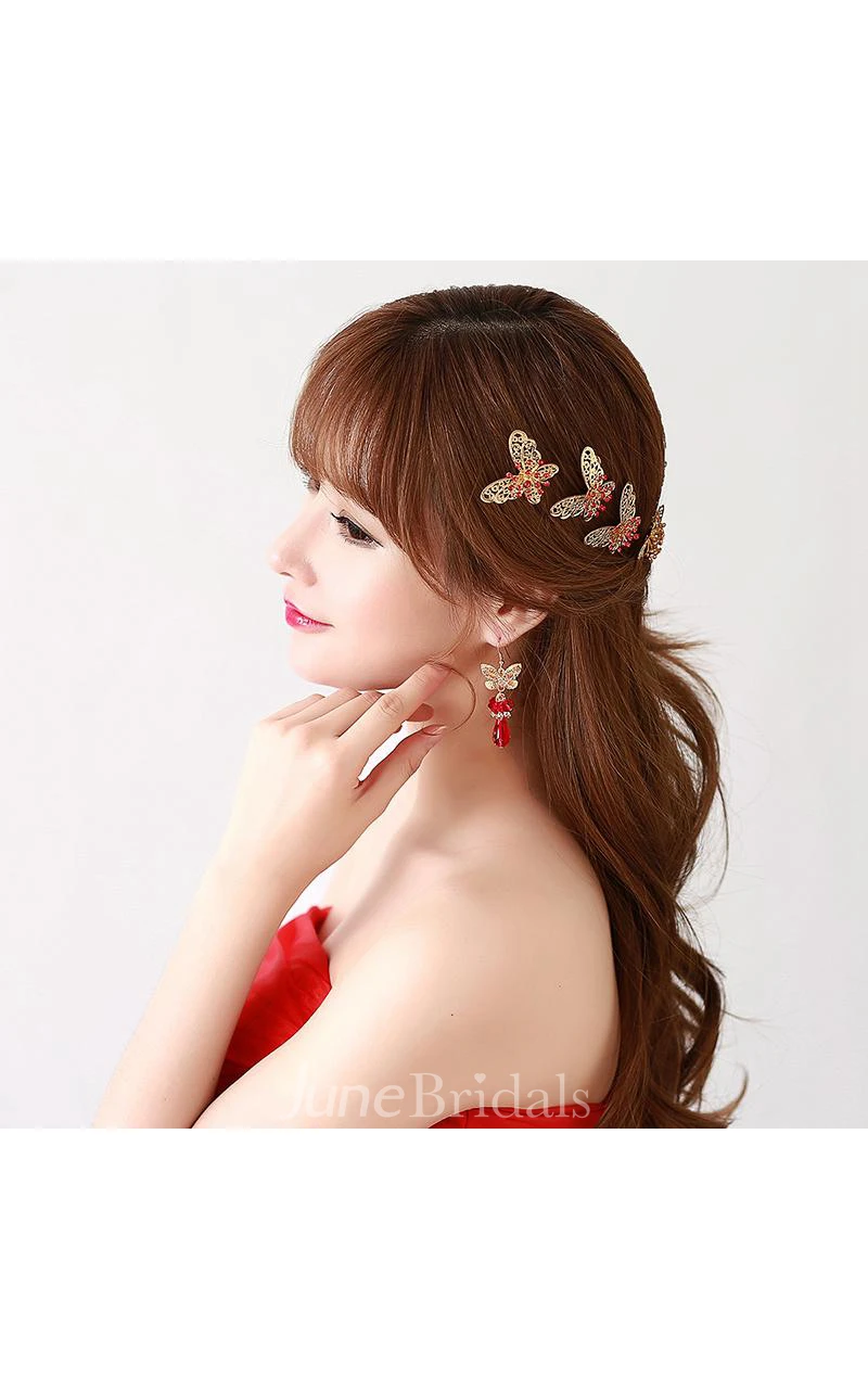 Bride Red Headdress Hair Ornaments Chinese Cheongsam Wedding Accessories Plate Hairpin U-Shaped Clip