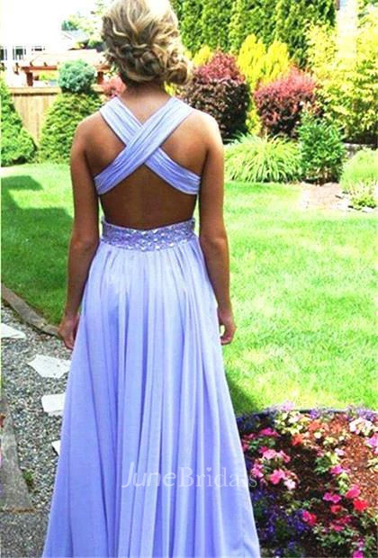 Elegant Criss-cross Long Chiffon Prom Dresses With Beadings Bridesmaid Dresses