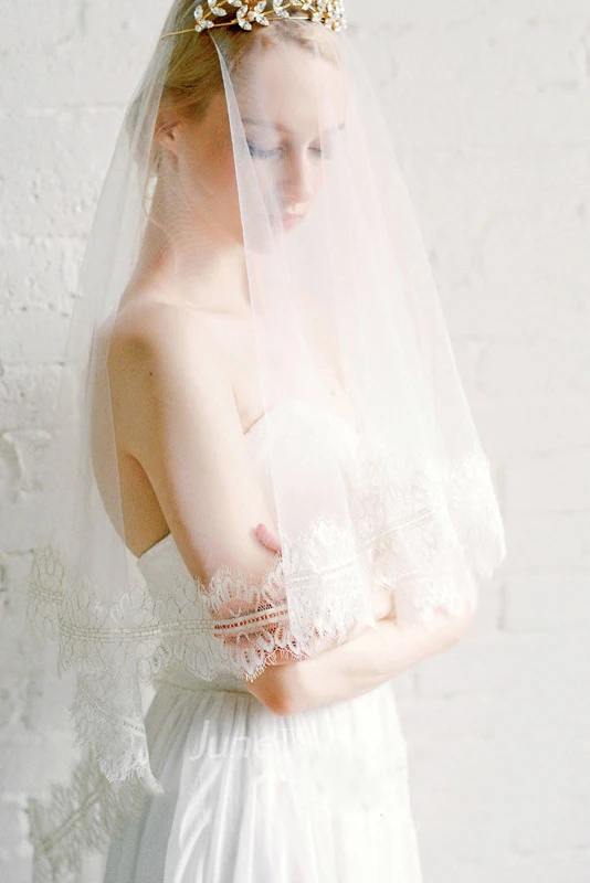 Fingertip Tulle Wedding Veil with Lace Trim