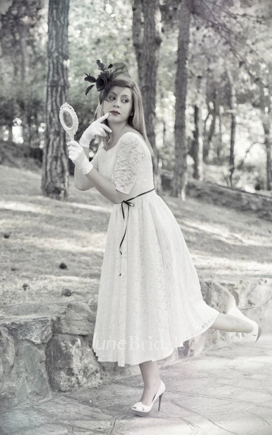 Jewel Tea-Length Lace Wedding Dress With Sash And Half Illusion Sleeve