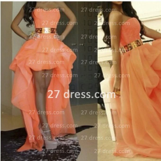 Sexy A-line Long Prom Dresses Sweetheart Asymmetrical Gold Belt Girls Hi-lo Evening Gown