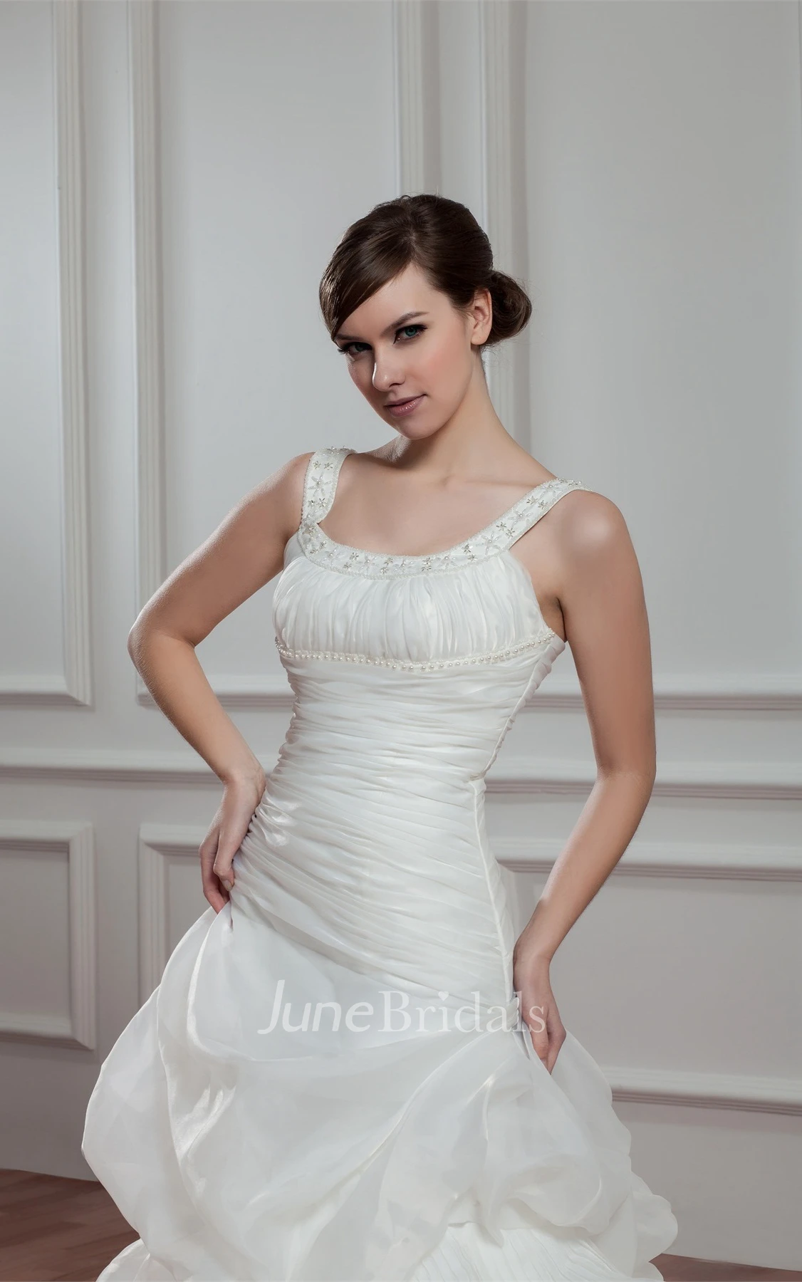 Strapped Pick-Up A-Line Gown with Beading and Ruched Bodice