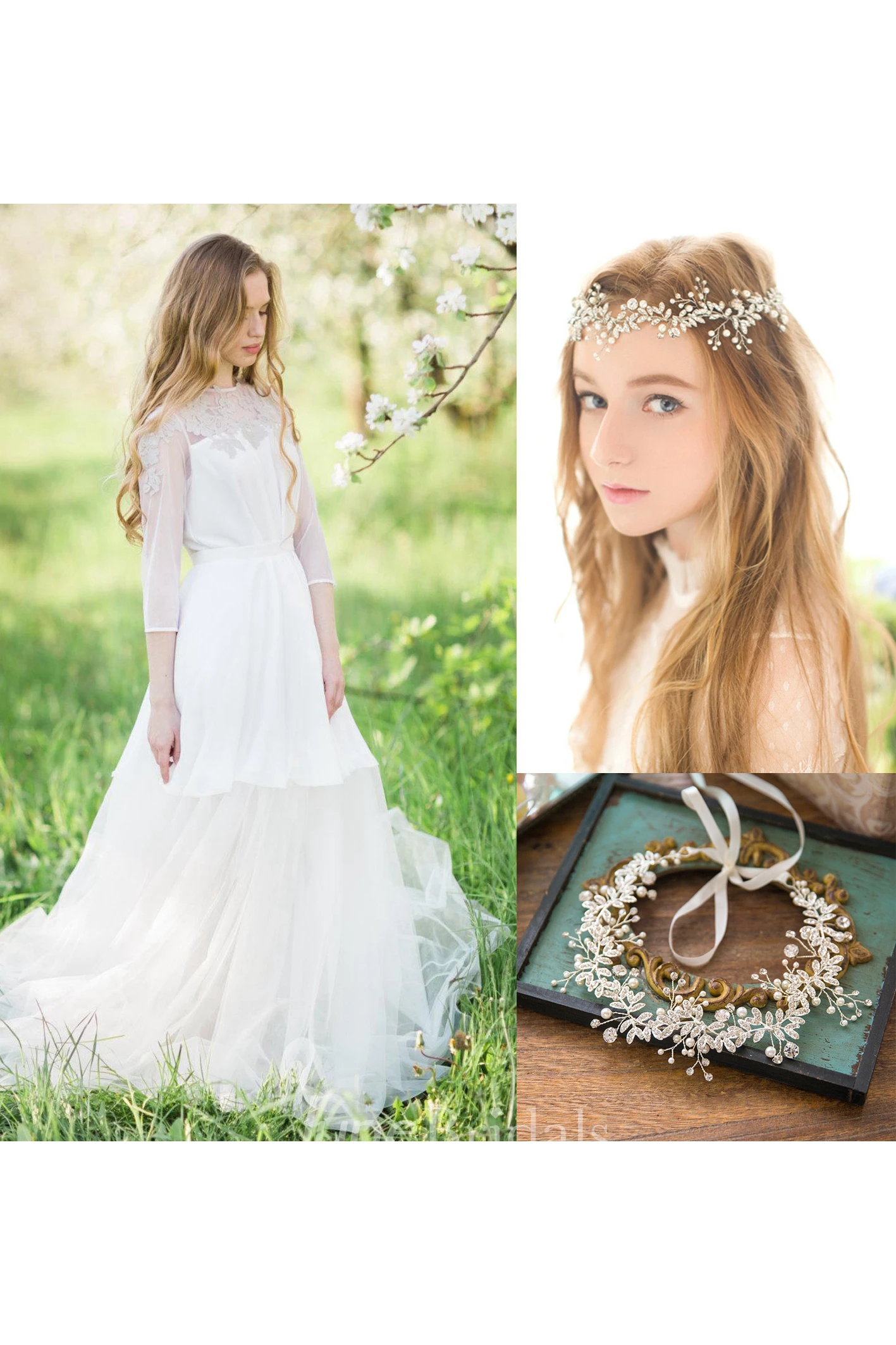 Lace Weddig Dress With Appliques Button and Korean Silver Rhinestone Flower Headdress With Pearl Headband