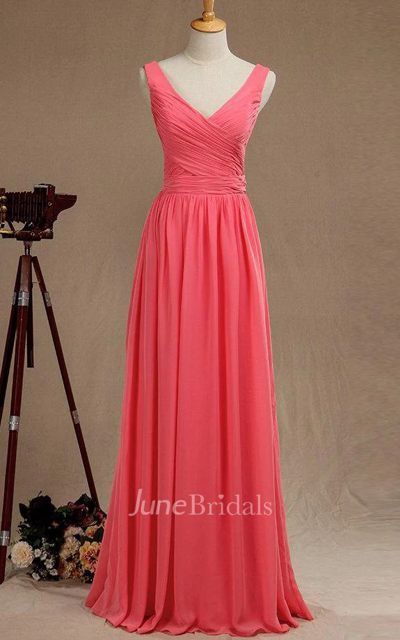 V-neck Long Chiffon Bridesmaid Dress