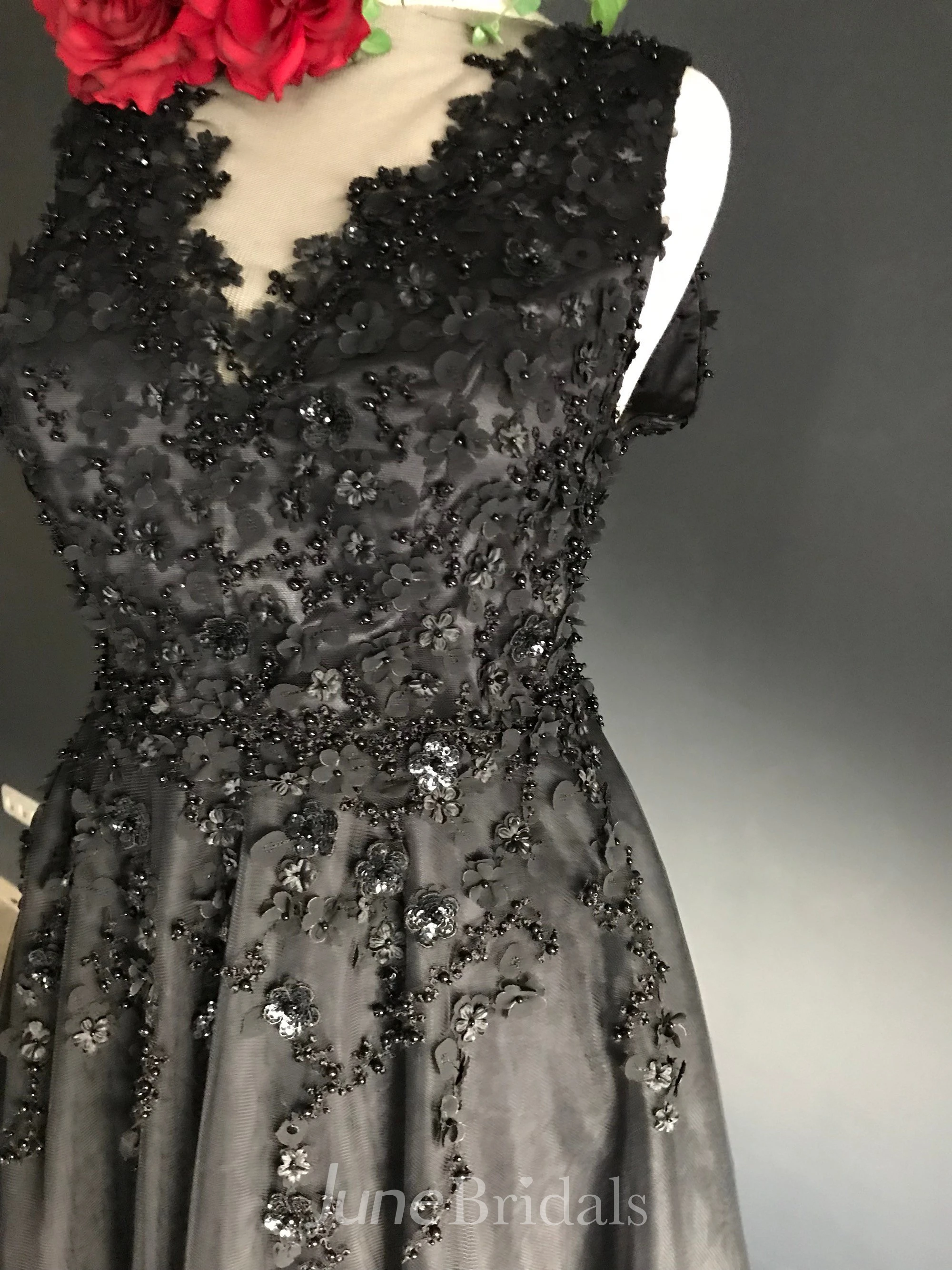 Sheath V-neck Floor-length Sleeveless Deep-V Back With Appliques Lace Sequins Black Wedding Dress