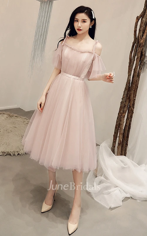 Simple Tulle Off-the-shoulder V-neck A Line Formal Cocktail Dress With Ruffles