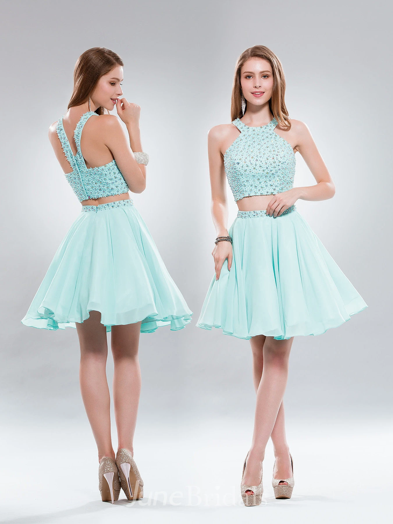 Two-Piece A-Line Mini Scoop-Neck Sleeveless Chiffon Zipper Dress With Beading