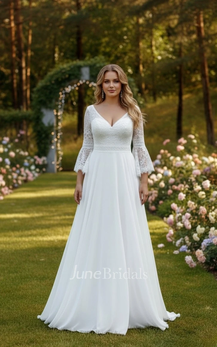 Bohemian Lace Bell Sleeve Plus Size Spring Wedding Dress Elegant A Line Flowy Chiffon Deep V-Neck Bridal Gown