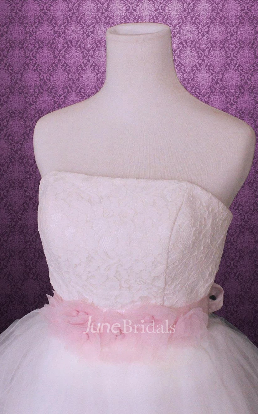 Strapless Backless Long Tulle Wedding Dress With Sash And Flower