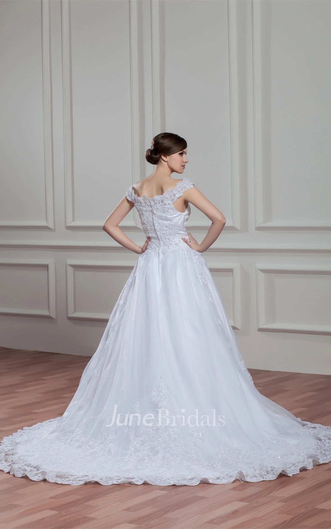 Off-The-Shoulder A-Line Appliqued Gown with Pleats