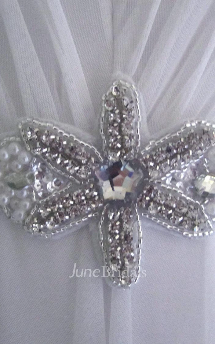 Simple V-Neck Tulle Wedding Dress With Beading Belt