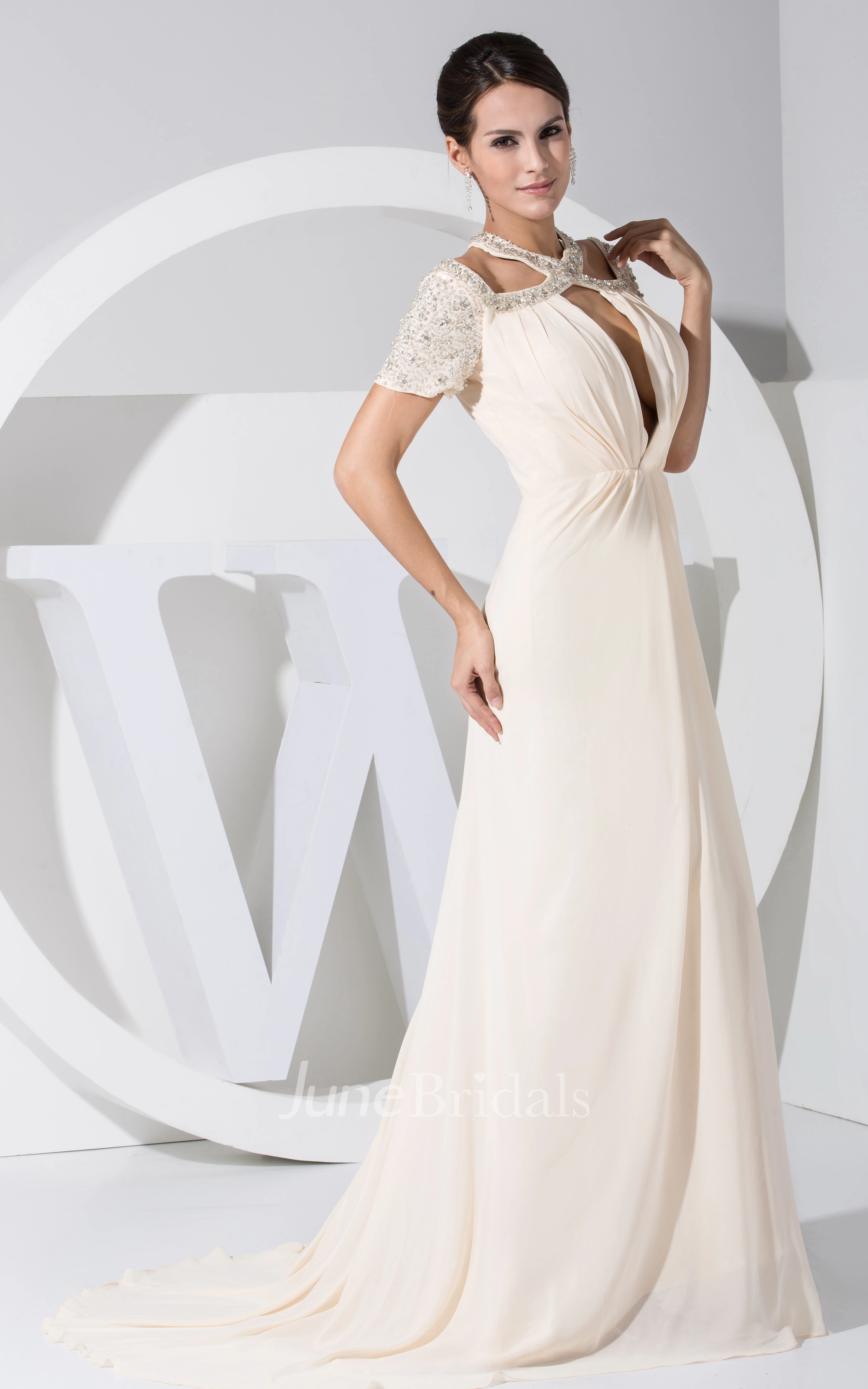 Noble Short-Sleeve Chiffon Dress With Beading and Keyhole